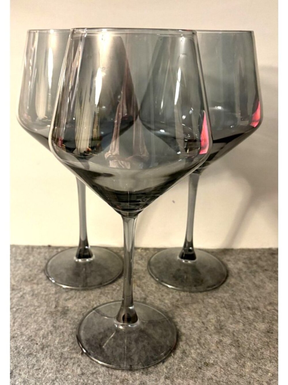 3 Smokey Gray Iridescent Angled Large Wine Glasses 9" # 3423